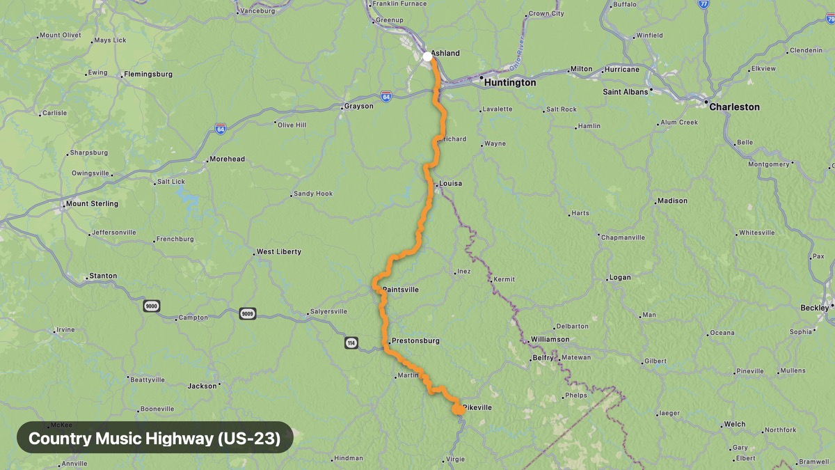 Карта на мото маршрута Country Music Highway (US-23)