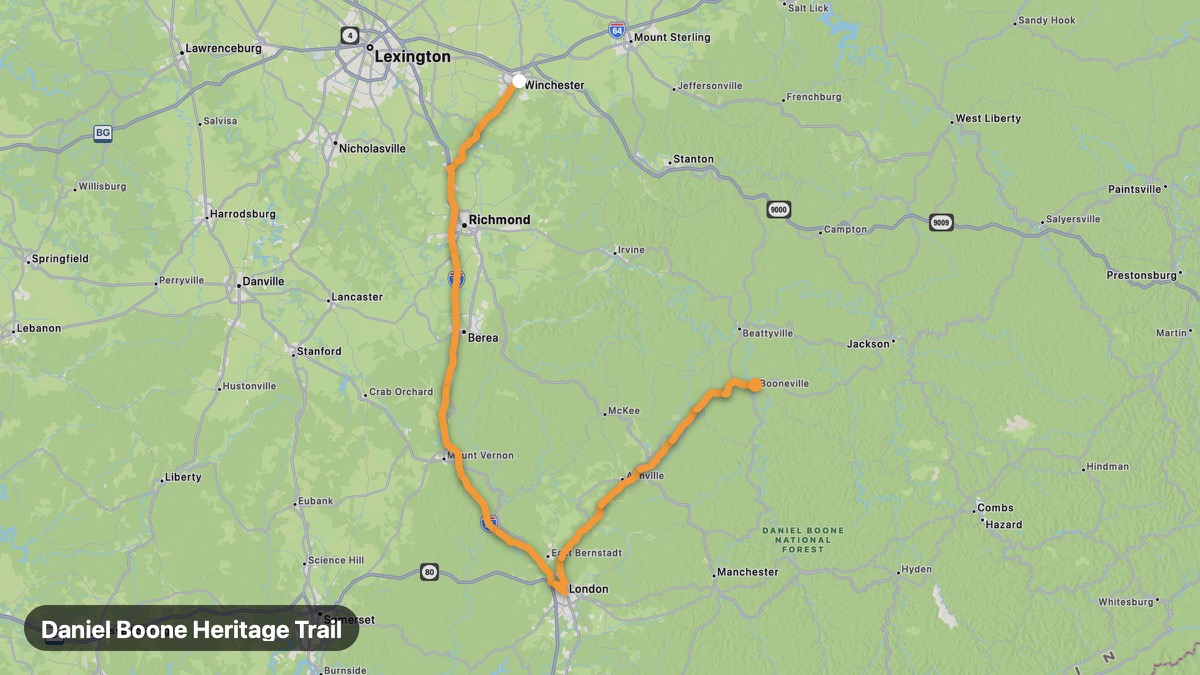 Map of the Daniel Boone Heritage Trail motorcycle route