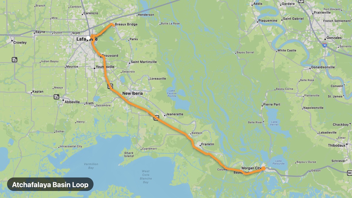 Карта на мото маршрута Atchafalaya Basin Loop