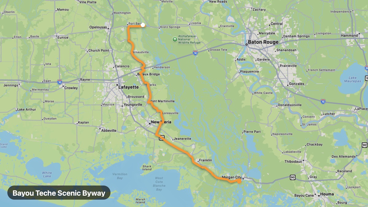 Карта на мото маршрута Bayou Teche Scenic Byway