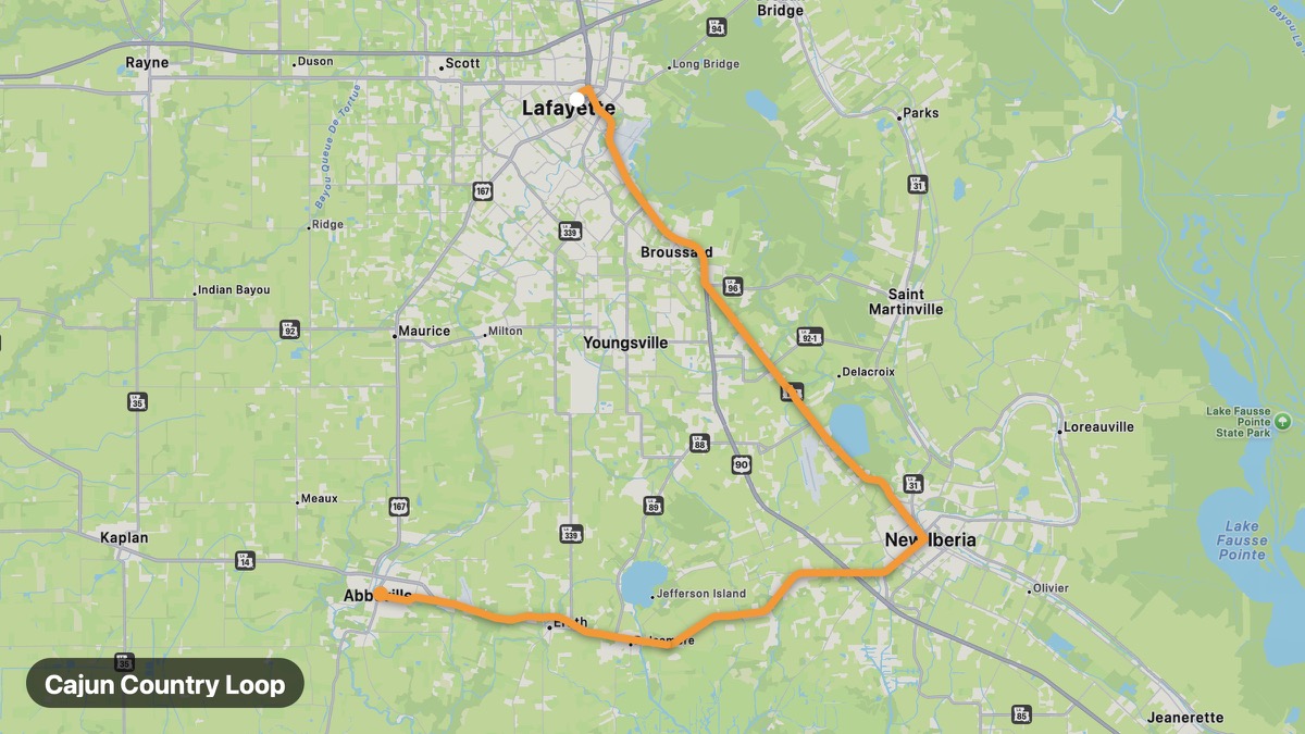 Map of the Cajun Country Loop motorcycle route