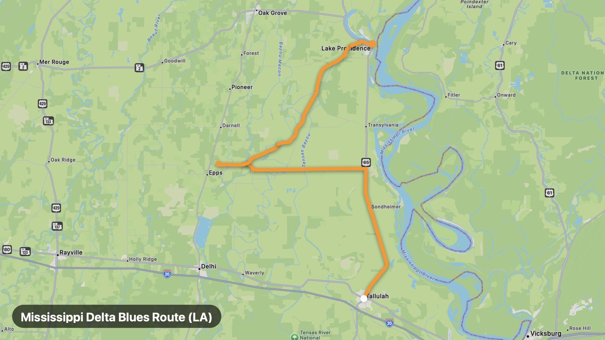 Карта на мото маршрута Mississippi Delta Blues Route (LA)