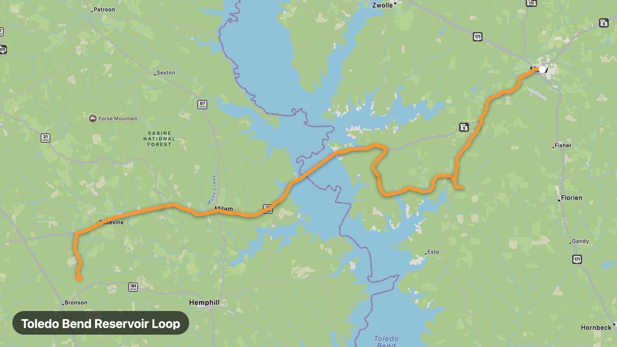 Карта на мото маршрута Toledo Bend Reservoir Loop