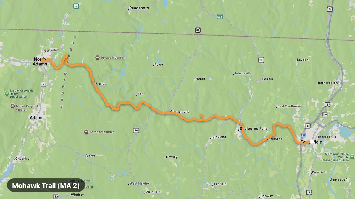 Карта на мото маршрута Mohawk Trail (MA 2)