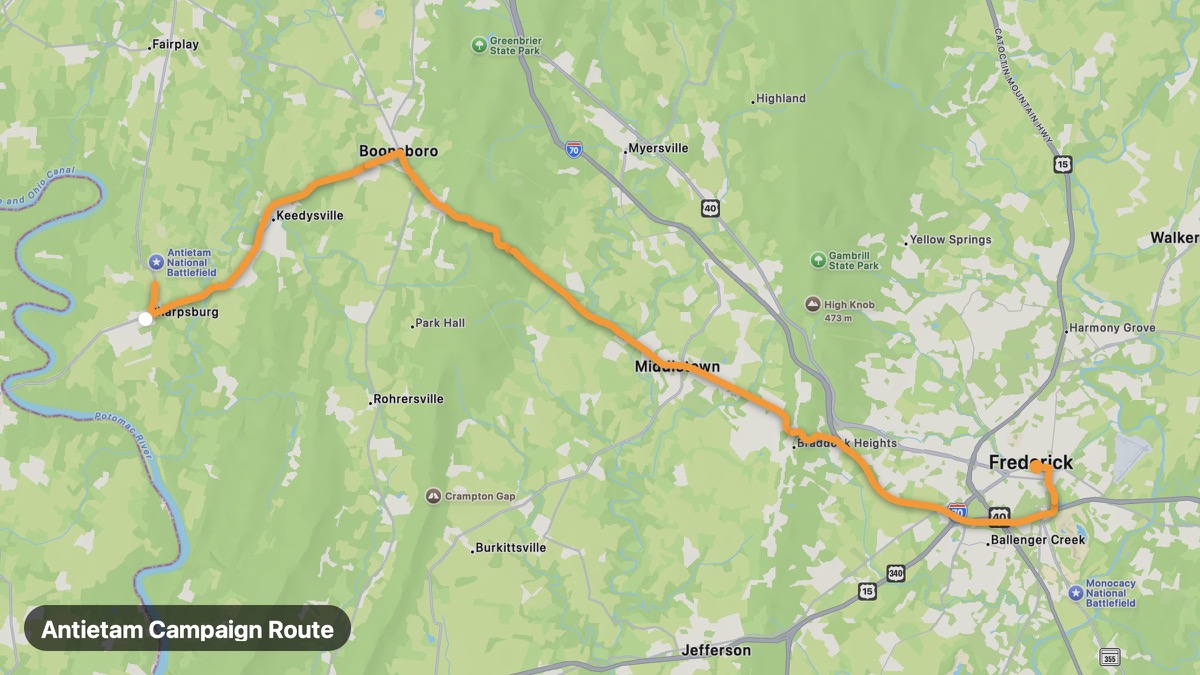 Карта на мото маршрута Antietam Campaign Route