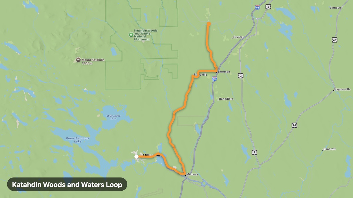 Map of the Katahdin Woods and Waters Loop motorcycle route