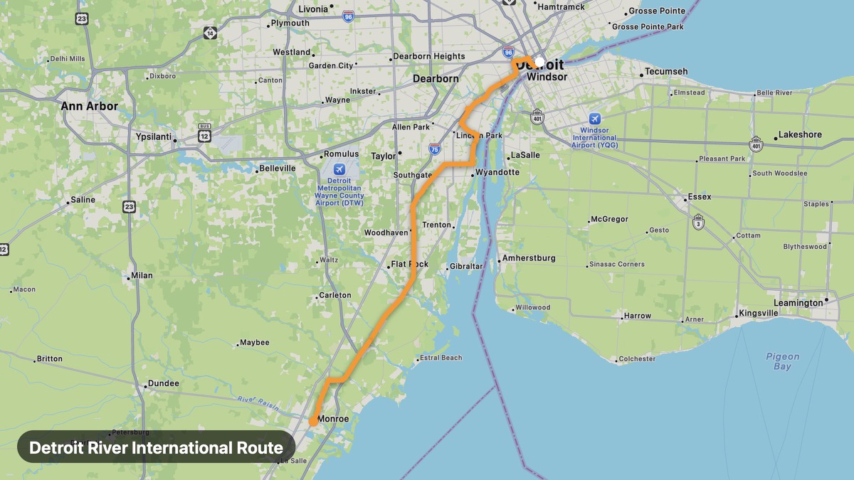 Карта на мото маршрута Detroit River International Route