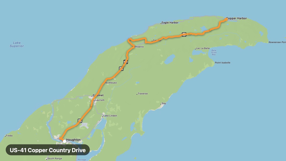 Карта на мото маршрута US-41 Copper Country Drive