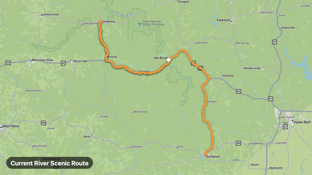 Карта на мото маршрута Current River Scenic Route
