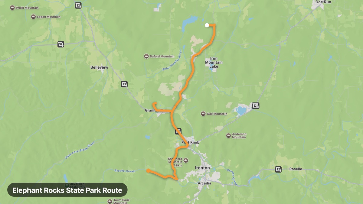 Карта на мото маршрута Elephant Rocks State Park Route