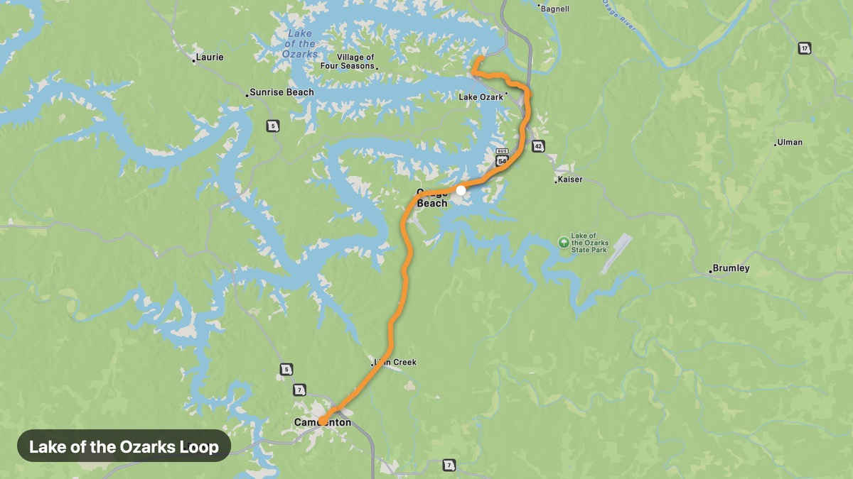 Map of the Lake of the Ozarks Loop motorcycle route