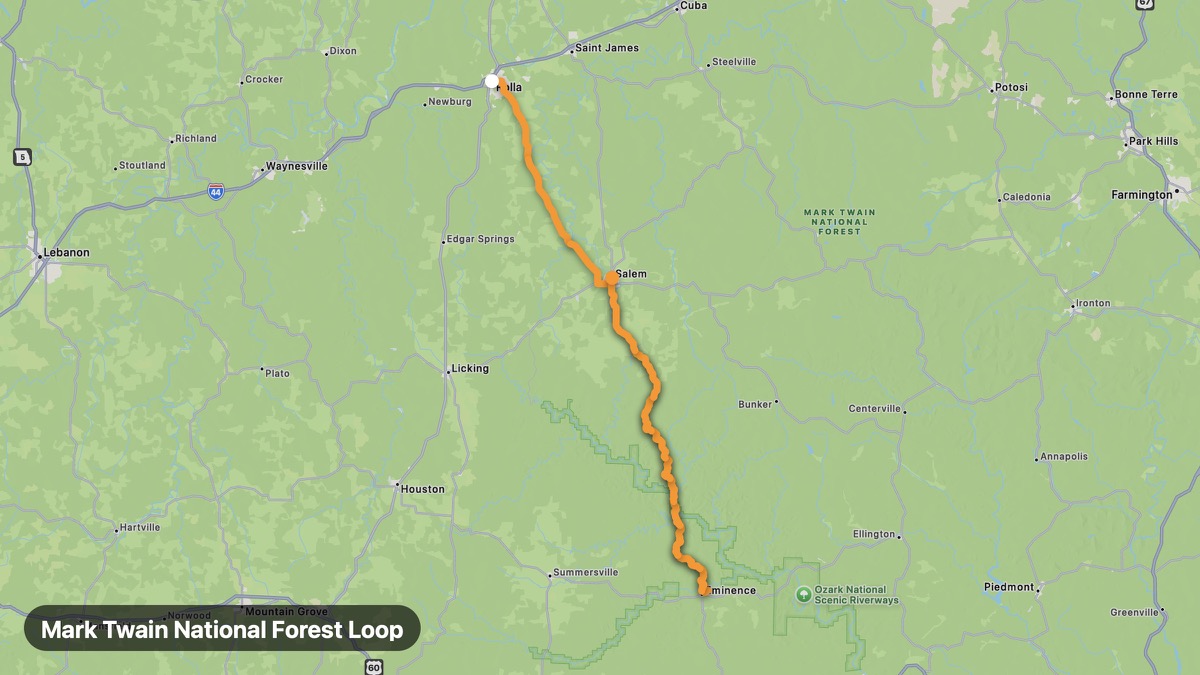 Карта на мото маршрута Mark Twain National Forest Loop