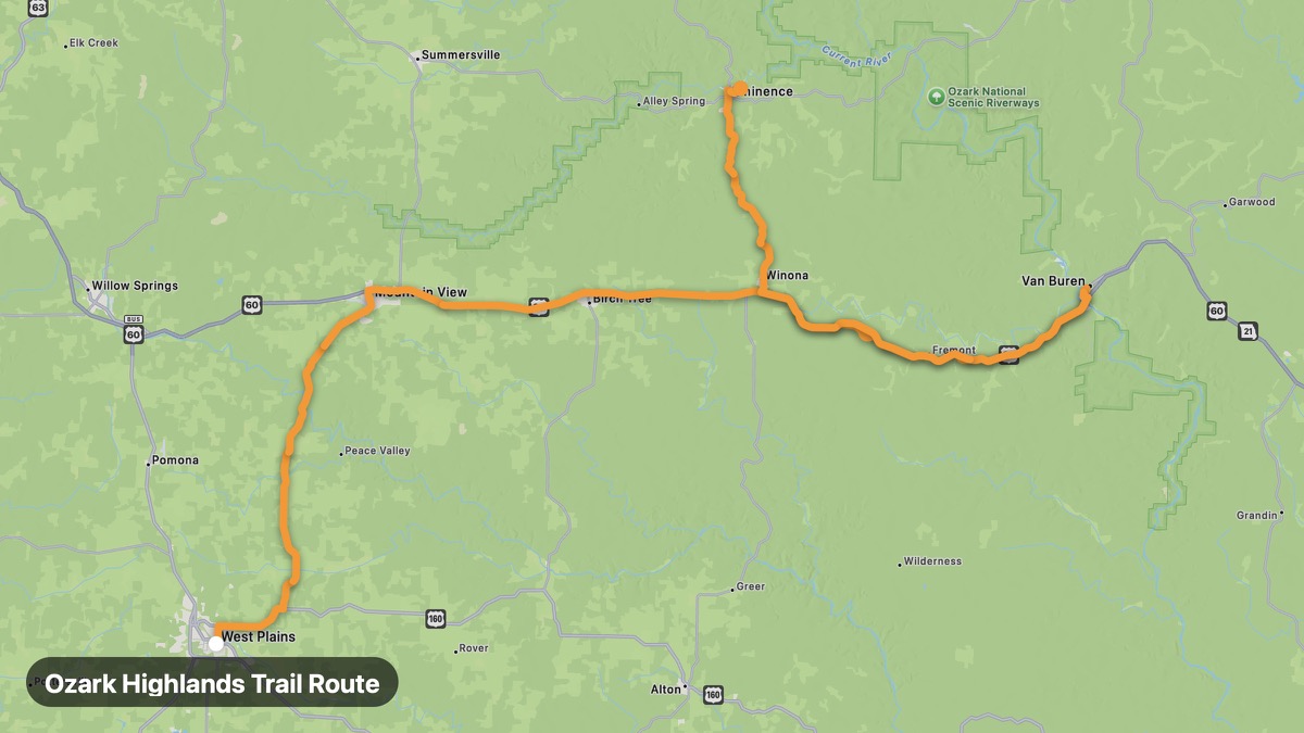 Карта на мото маршрута Ozark Highlands Trail Route