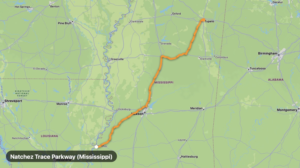 Карта на мото маршрута Natchez Trace Parkway (Mississippi)