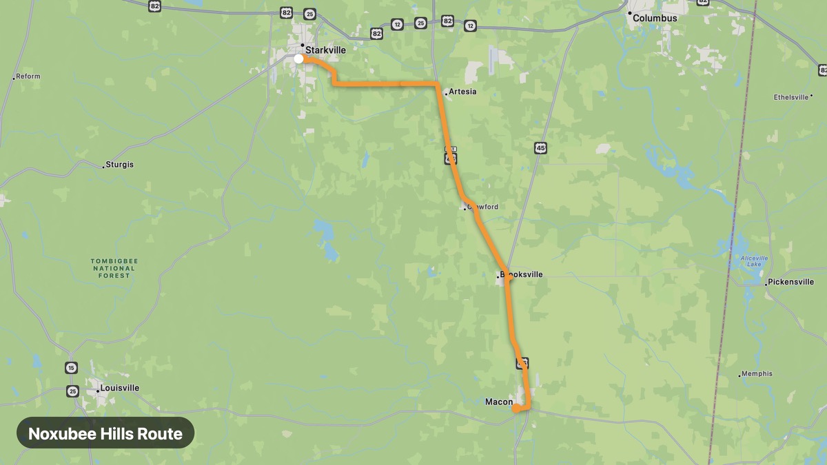 Карта на мото маршрута Noxubee Hills Route