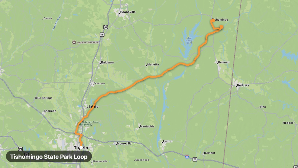 Map of the Tishomingo State Park Loop motorcycle route