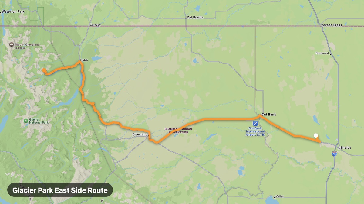 Map of the Glacier Park East Side Route motorcycle route