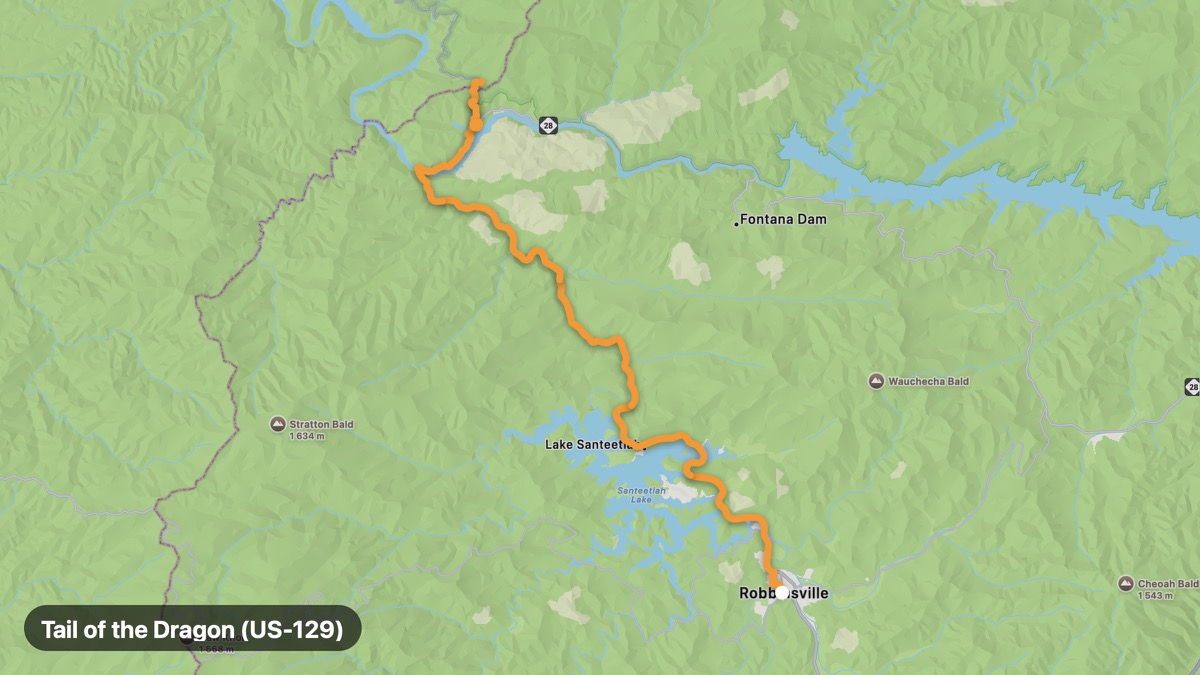 Map of the Tail of the Dragon (US-129) motorcycle route