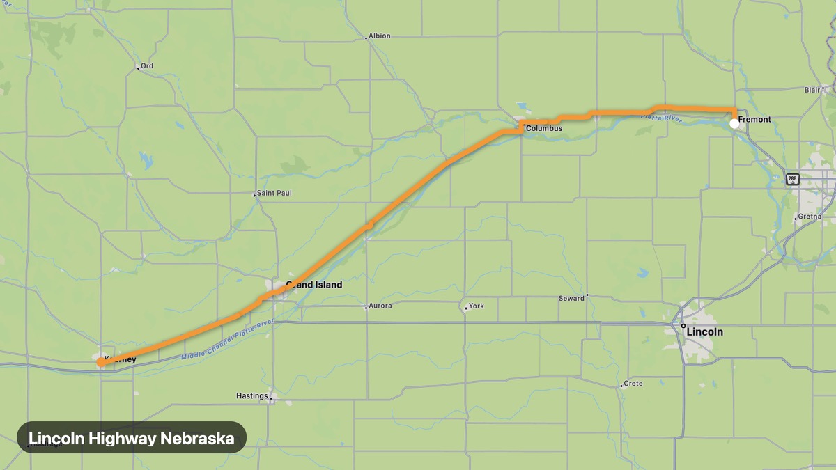 Карта на мото маршрута Lincoln Highway Nebraska