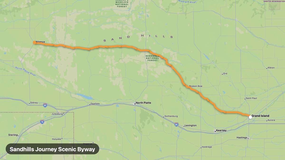 Карта на мото маршрута Sandhills Journey Scenic Byway