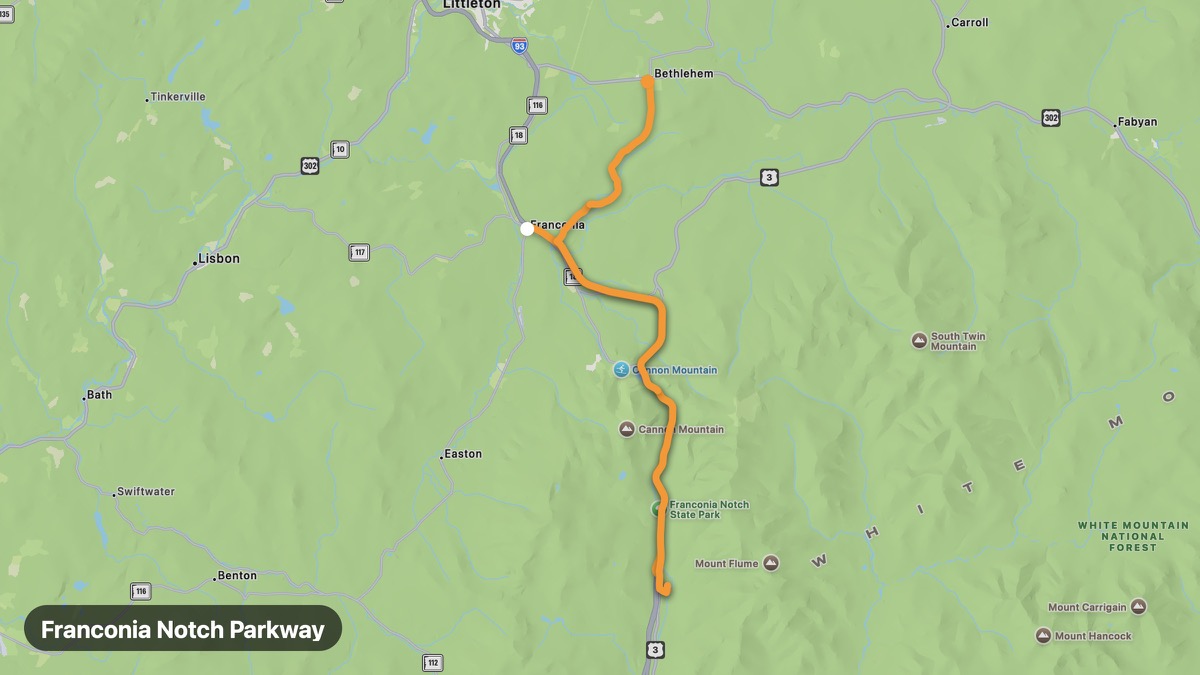 Карта на мото маршрута Franconia Notch Parkway