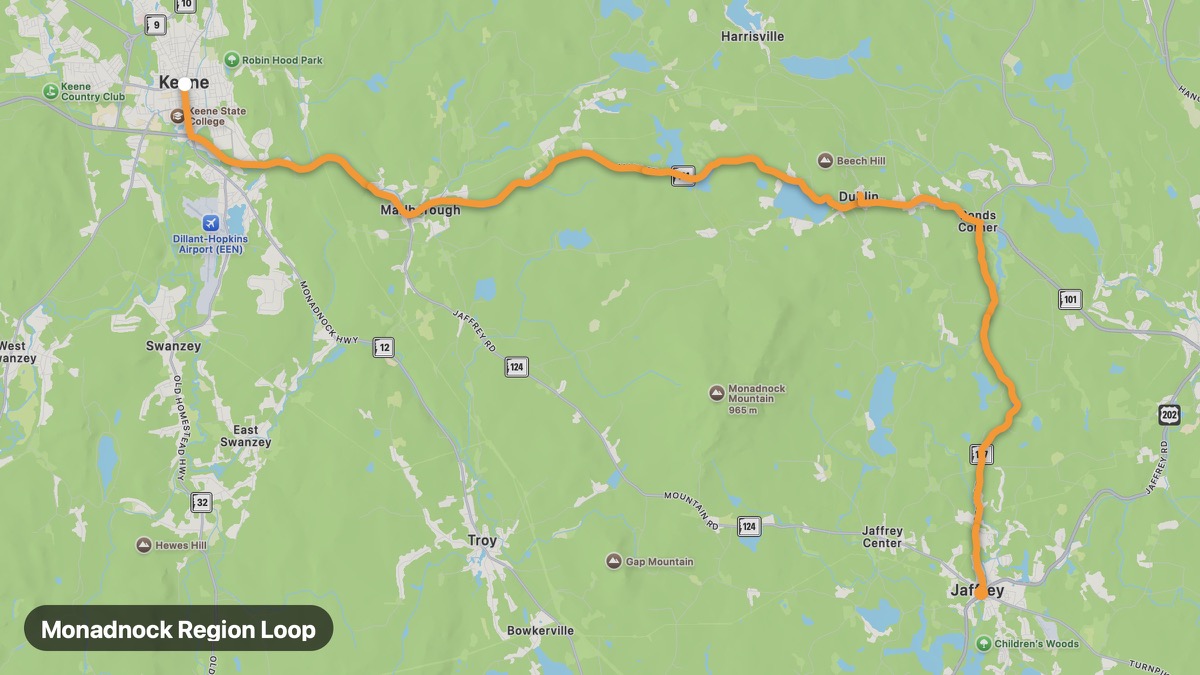 Map of the Monadnock Region Loop motorcycle route