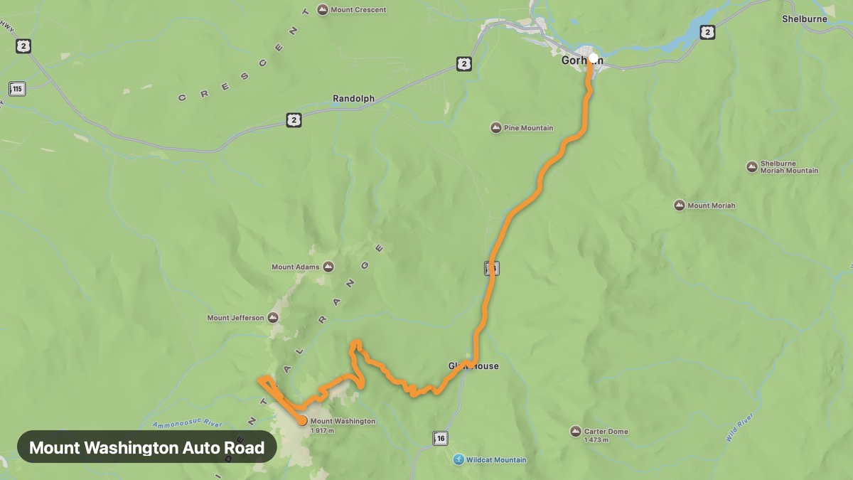 Карта на мото маршрута Mount Washington Auto Road