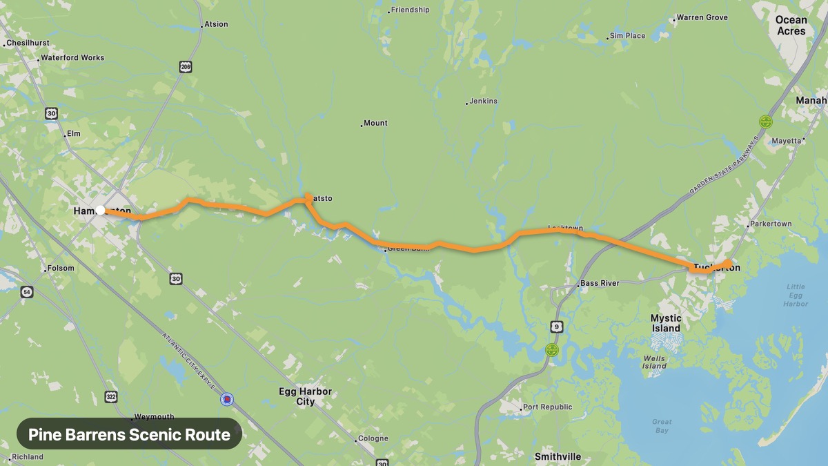 Map of the Pine Barrens Scenic Route motorcycle route