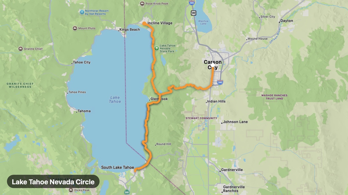 Map of the Lake Tahoe Nevada Circle motorcycle route