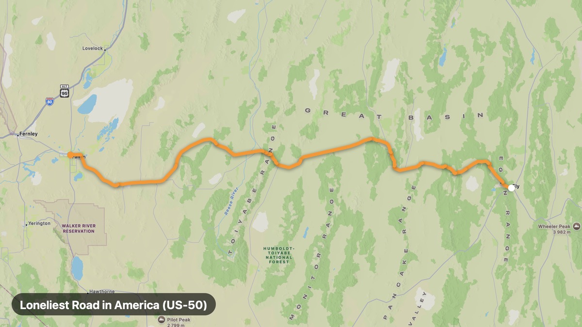Карта на мото маршрута Loneliest Road in America (US-50)