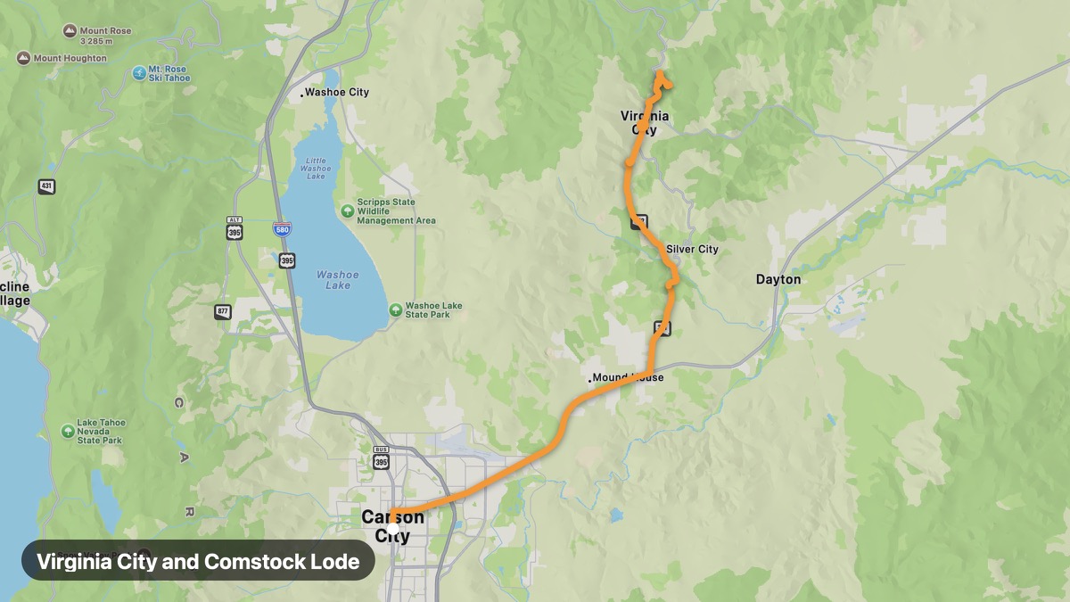 Map of the Virginia City and Comstock Lode motorcycle route