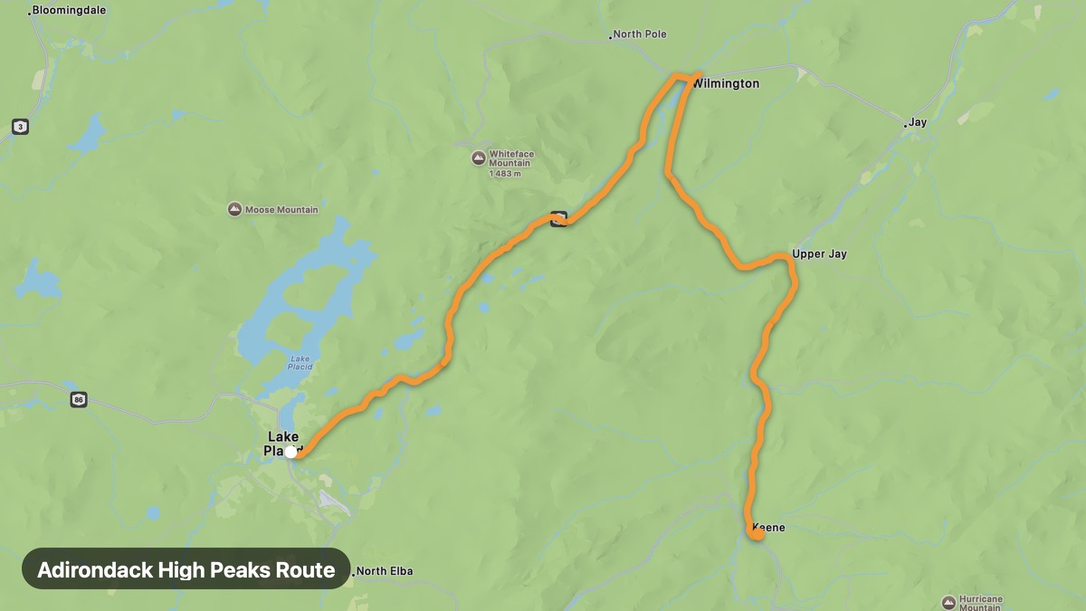 Map of the Adirondack High Peaks Route motorcycle route