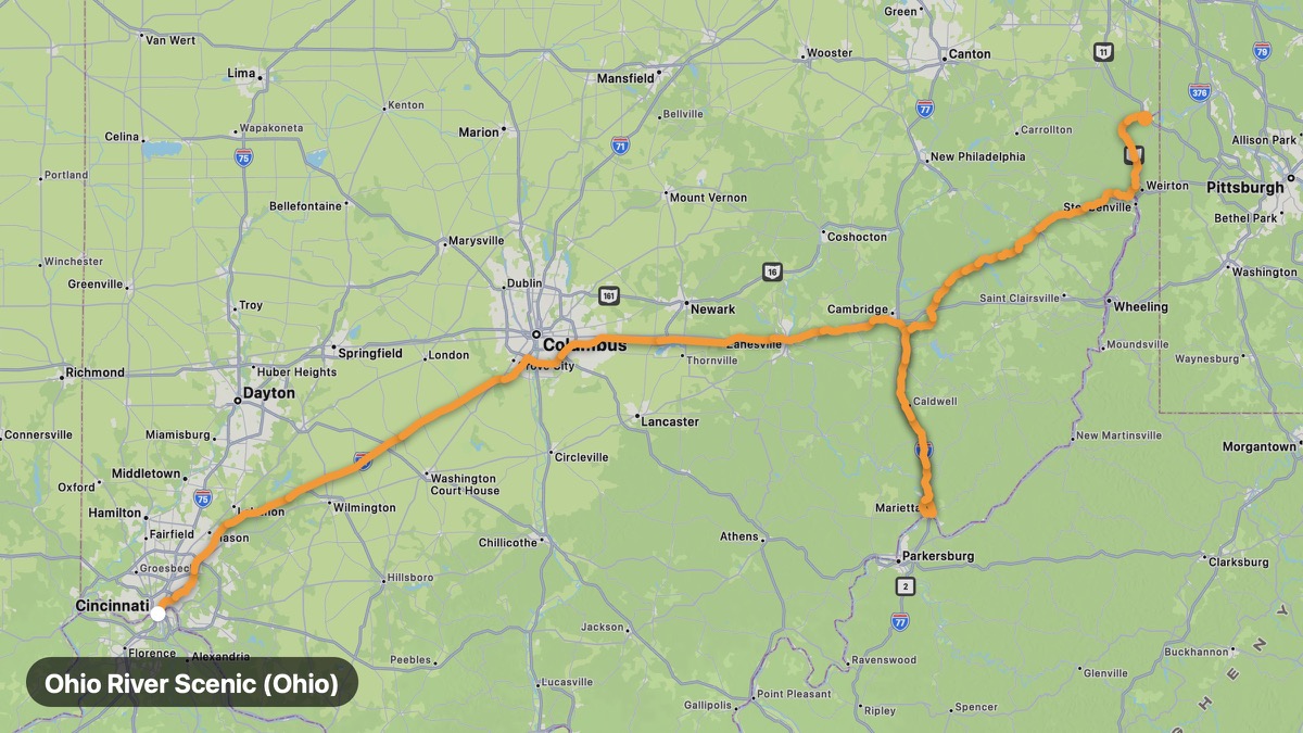 Map of the Ohio River Scenic (Ohio) motorcycle route