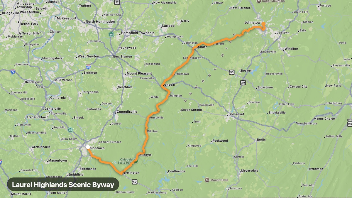 Карта на мото маршрута Laurel Highlands Scenic Byway