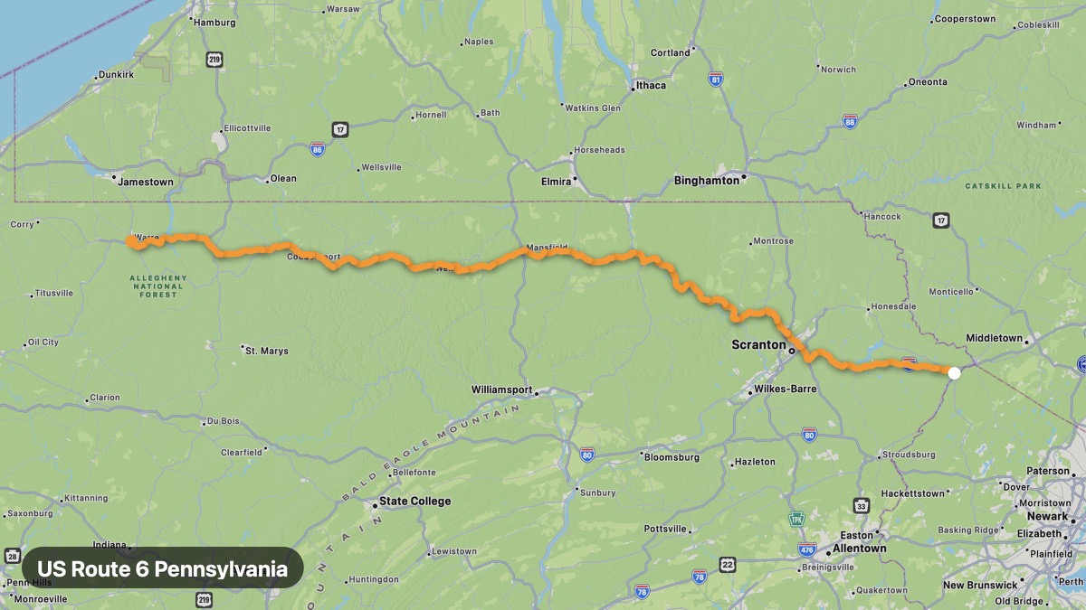 Карта на мото маршрута US Route 6 Pennsylvania