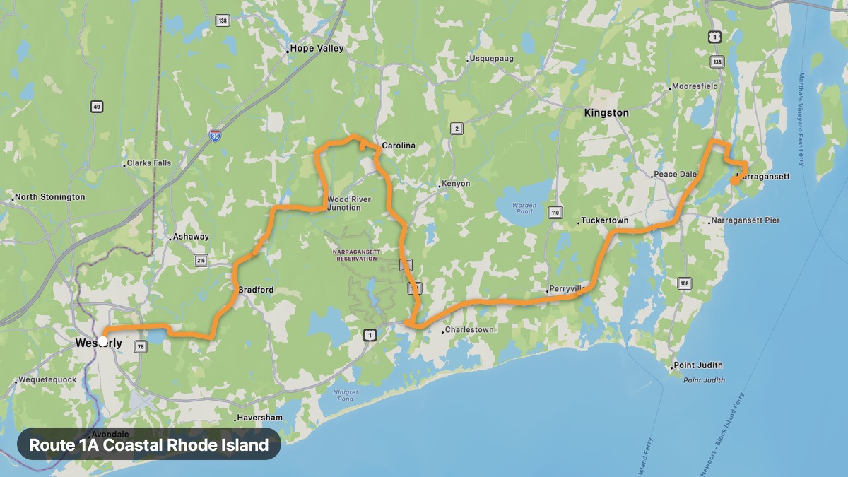 Карта на мото маршрута Route 1A Coastal Rhode Island
