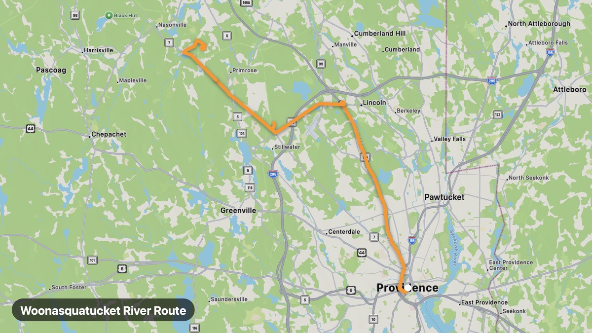 Карта на мото маршрута Woonasquatucket River Route