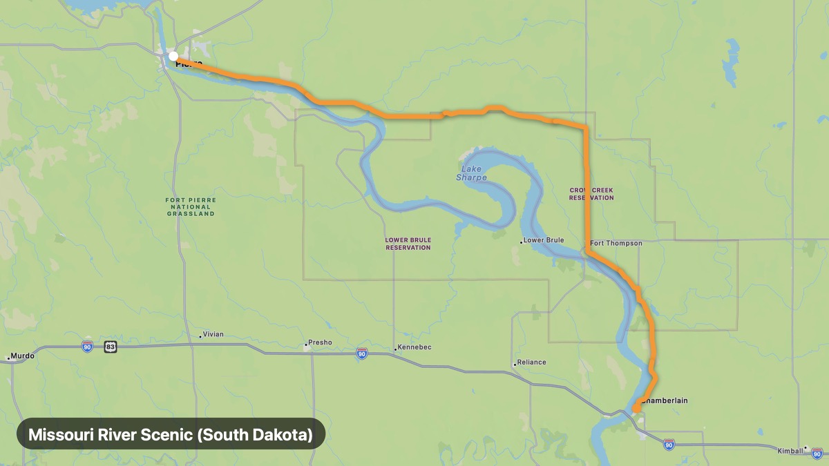 Карта на мото маршрута Missouri River Scenic (South Dakota)
