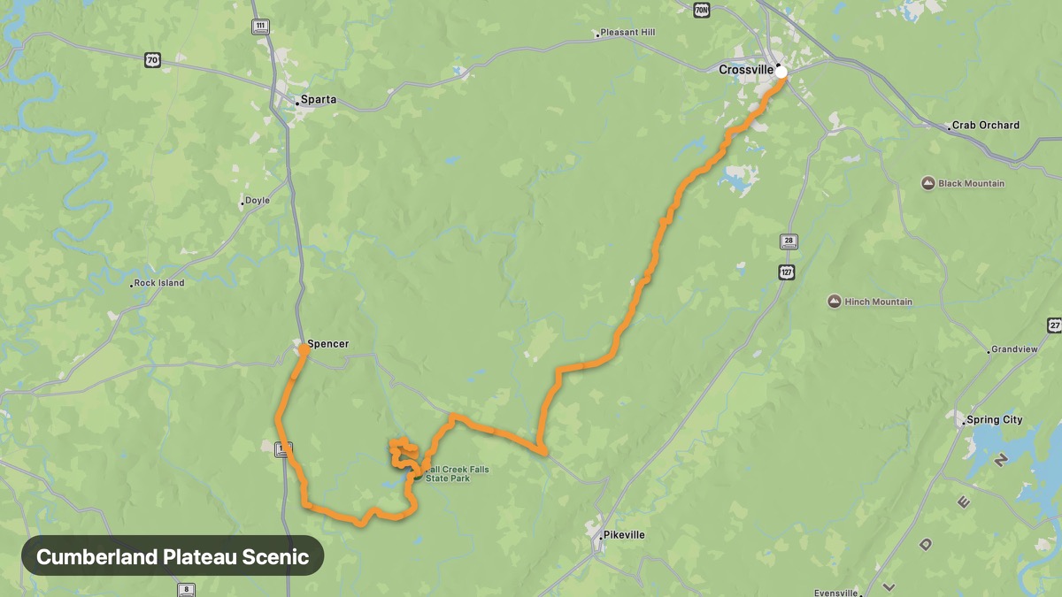 Map of the Cumberland Plateau Scenic motorcycle route