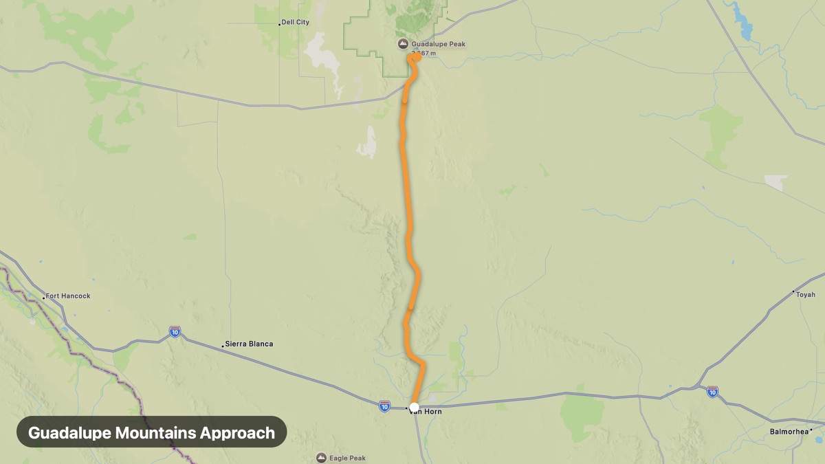 Карта на мото маршрута Guadalupe Mountains Approach