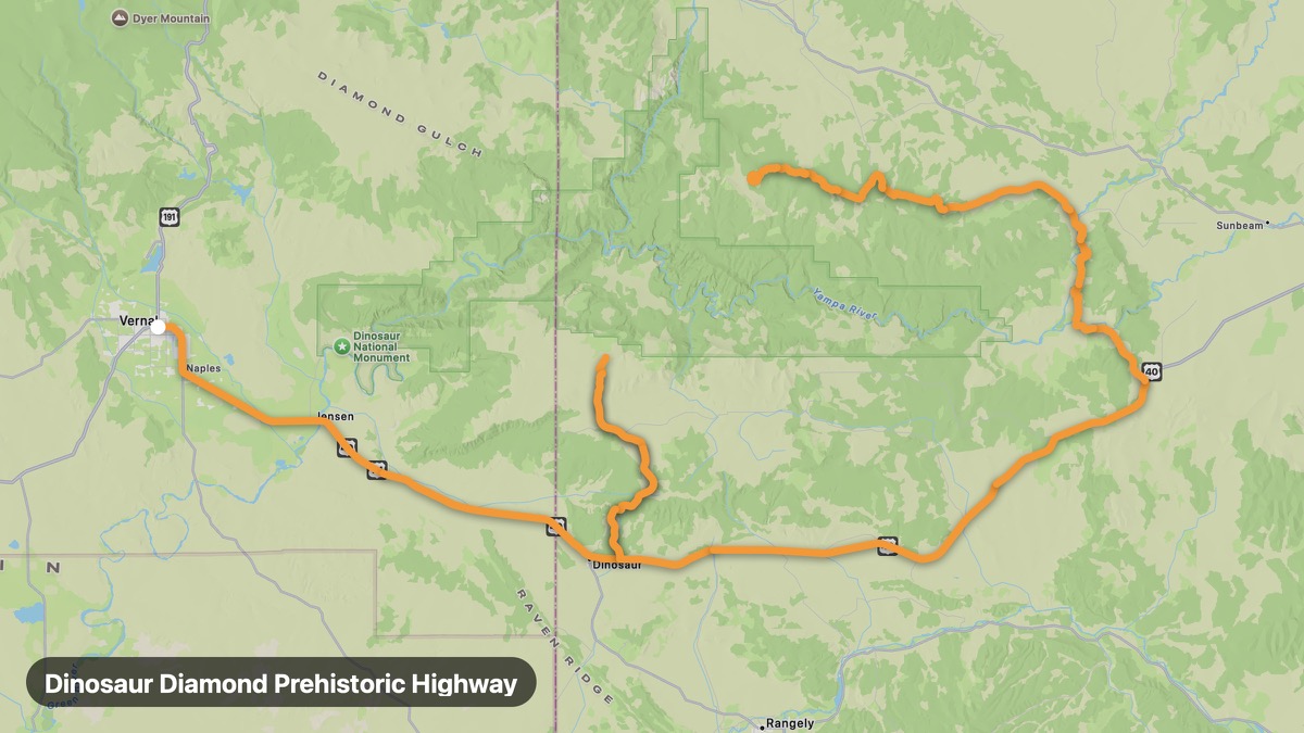 Карта на мото маршрута Dinosaur Diamond Prehistoric Highway