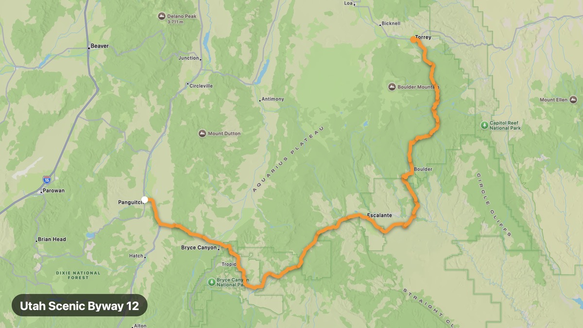 Map of the Utah Scenic Byway 12 motorcycle route