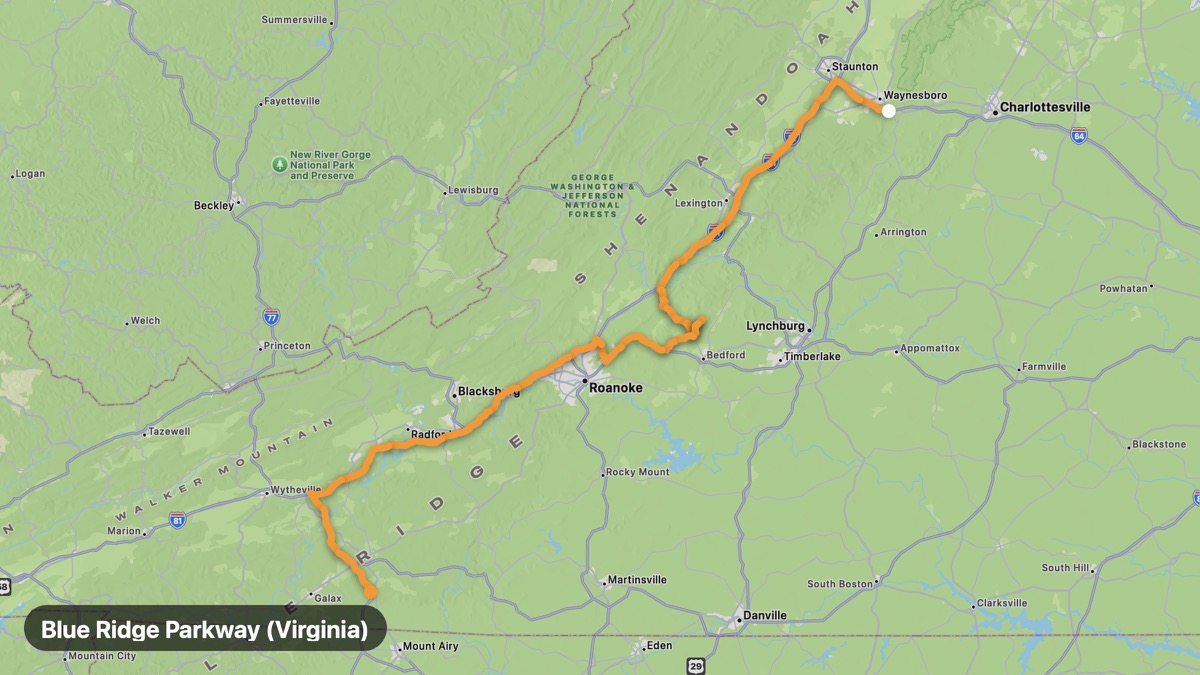 Карта на мото маршрута Blue Ridge Parkway (Virginia)