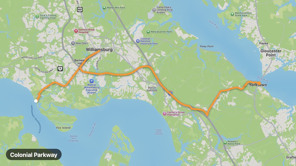 Карта на мото маршрута Colonial Parkway