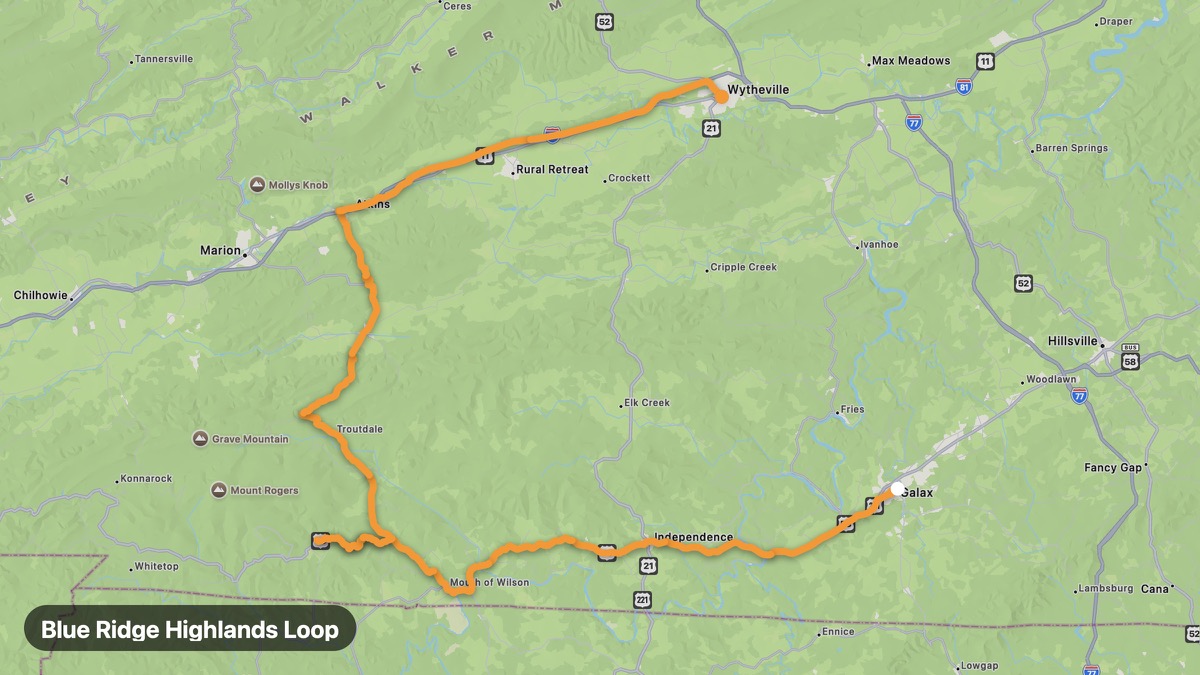 Карта на мото маршрута Blue Ridge Highlands Loop