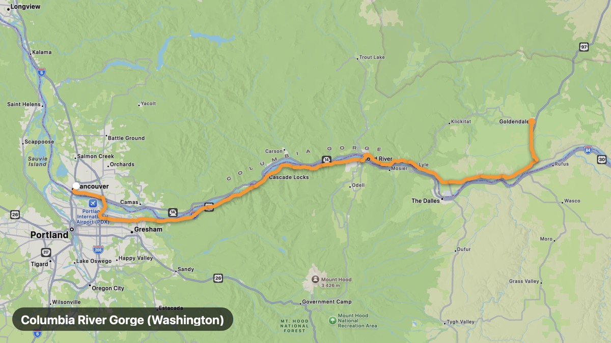 Map of the Columbia River Gorge (Washington) motorcycle route