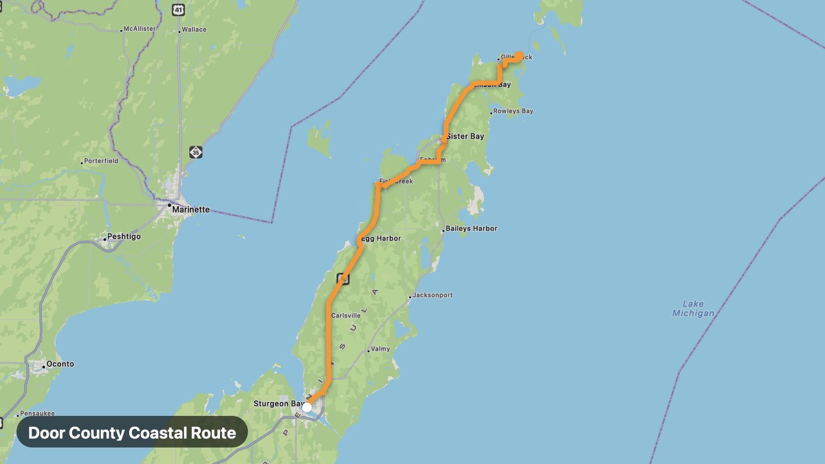 Карта на мото маршрута Door County Coastal Route