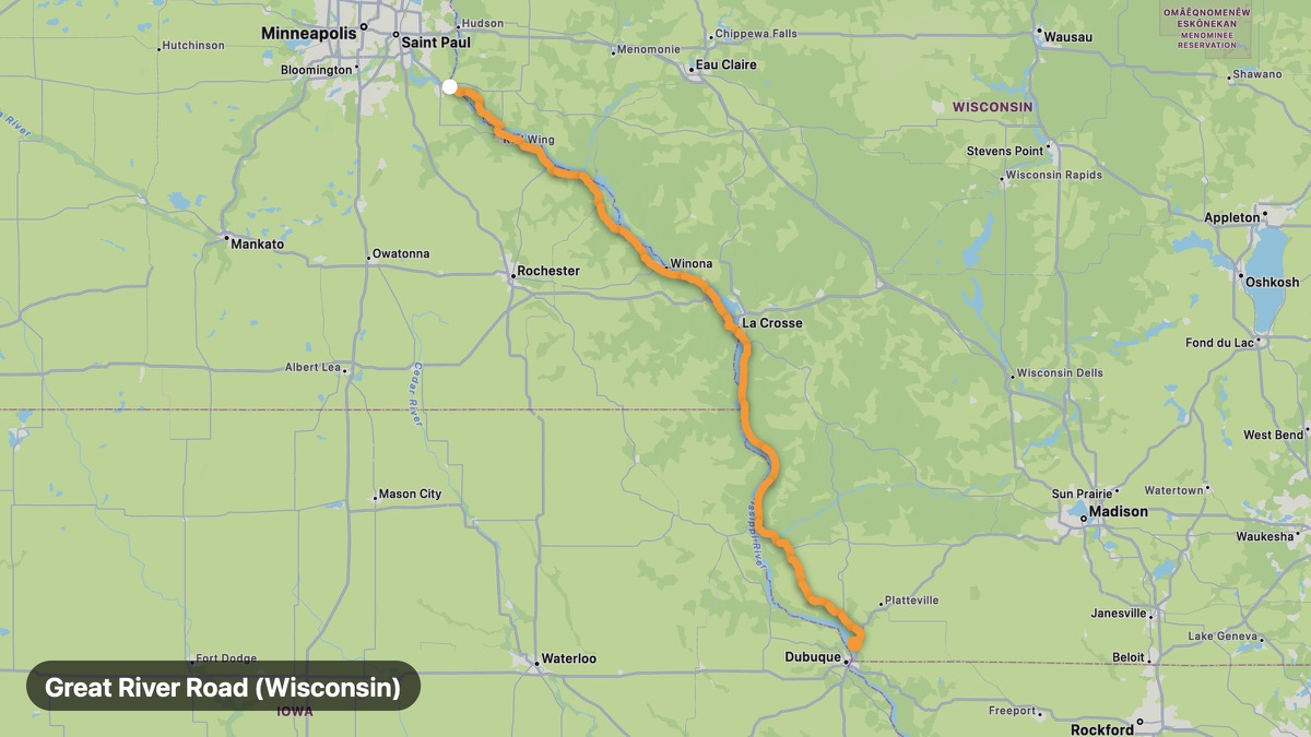 Map of the Great River Road (Wisconsin) motorcycle route