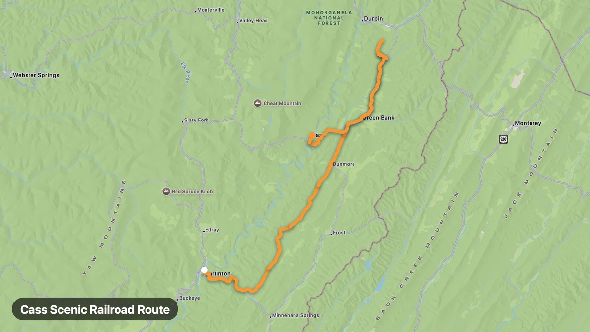 Карта на мото маршрута Cass Scenic Railroad Route