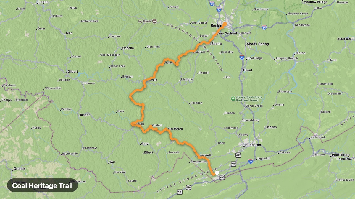 Map of the Coal Heritage Trail motorcycle route